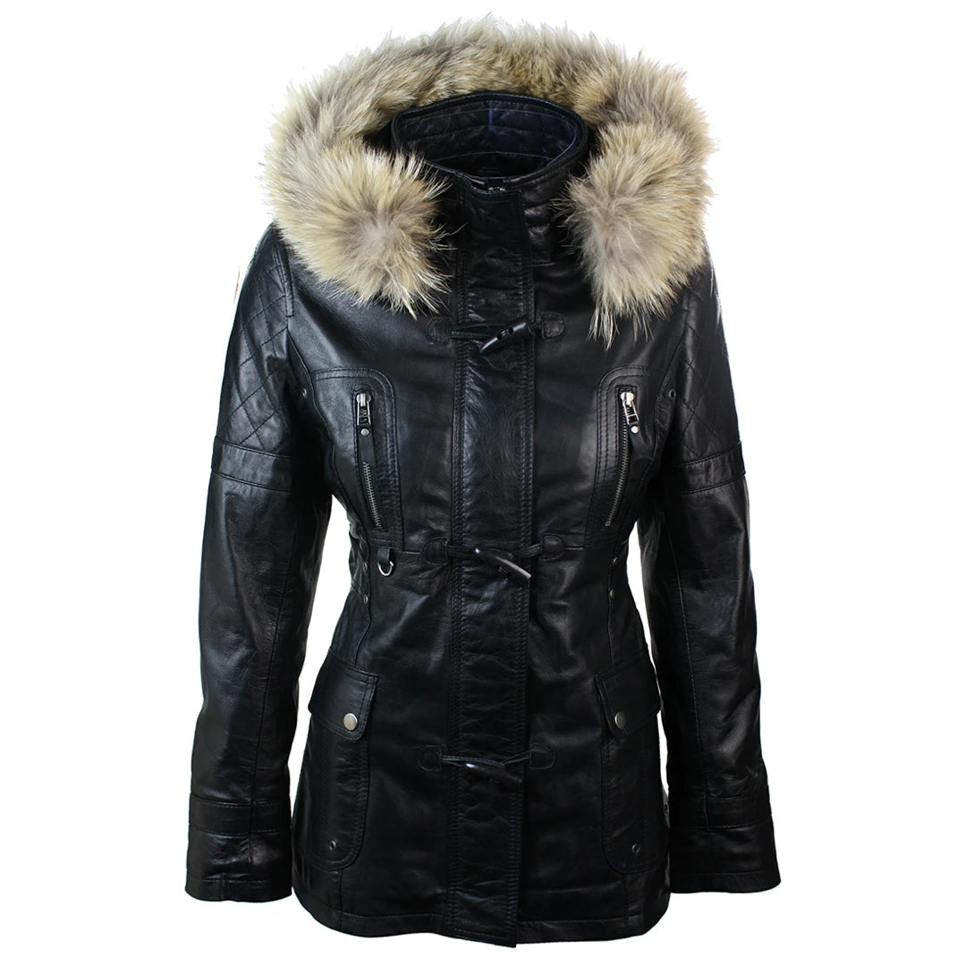 Easy Chic Women's Leather Trench Mid Length Hooded Raccoon Fur Winter Jacket