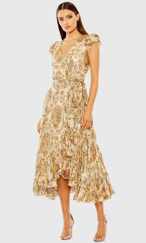 Comfortable Sweaters Ieena Duggal 9319 - Floral Printed Short Flutter Sleeve Long Dress