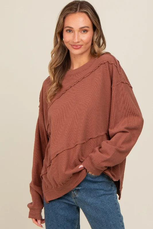 Easygoing Fashion Brown Exposed Seam Dolman Sleeve Sweatshirt