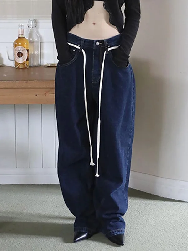 Casual Chic Wear Vintage Drawstring Washed Loose Straight-Leg Jeans
