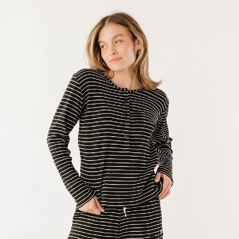 Cozy Lounge Wear Henley, Black and White Stripe