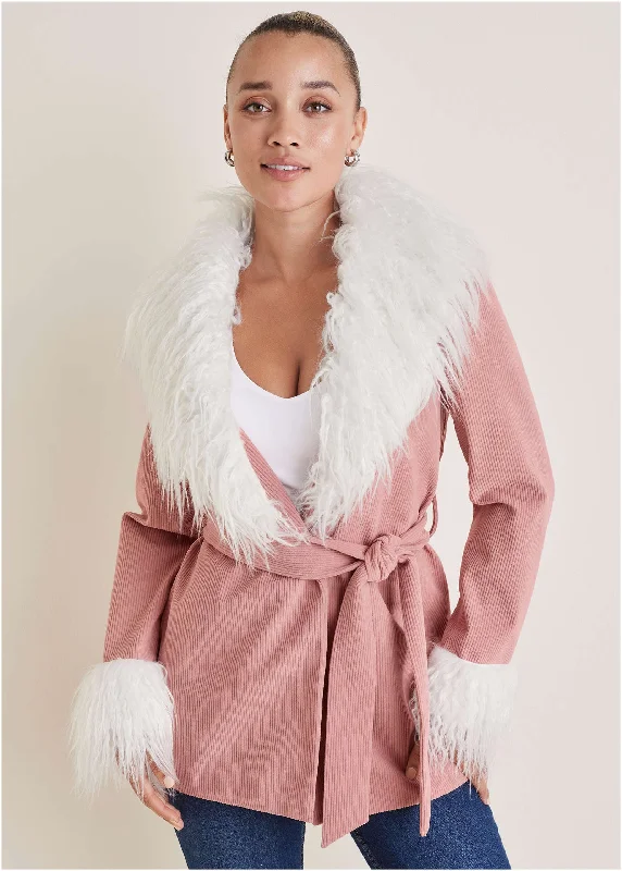 Warm Wear Corduroy Fur Trim Coat - Pink