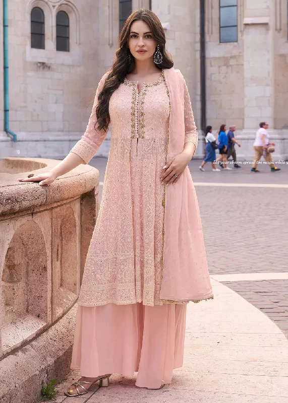 Comfortable Chic Fabulous Embroidered Light Pink Anarkali Style Sharara Suit