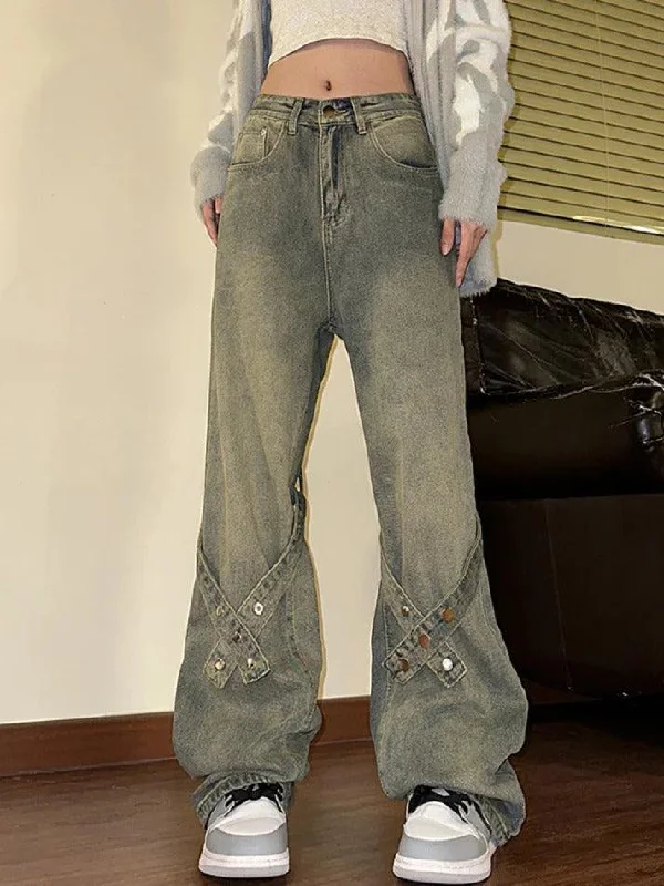 Relaxed Tops Vintage Buckle Design Boyfriend Jeans