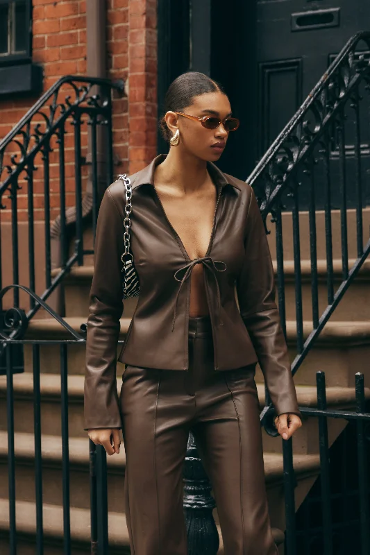 Cozy Essentials Wear Dina Faux Leather Tie Up Top - Dark Brown