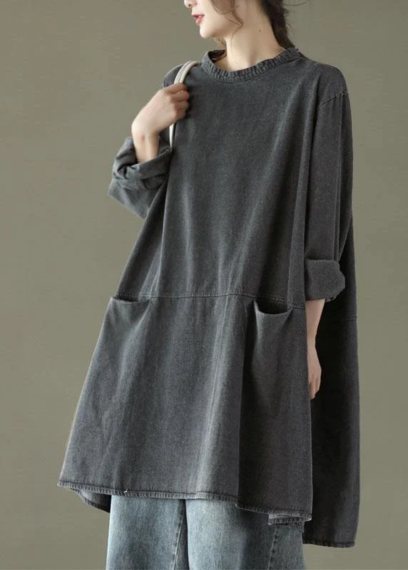 Timeless Outfits Boho Black Grey O-Neck Pockets Denim Long Dresses Long Sleeve