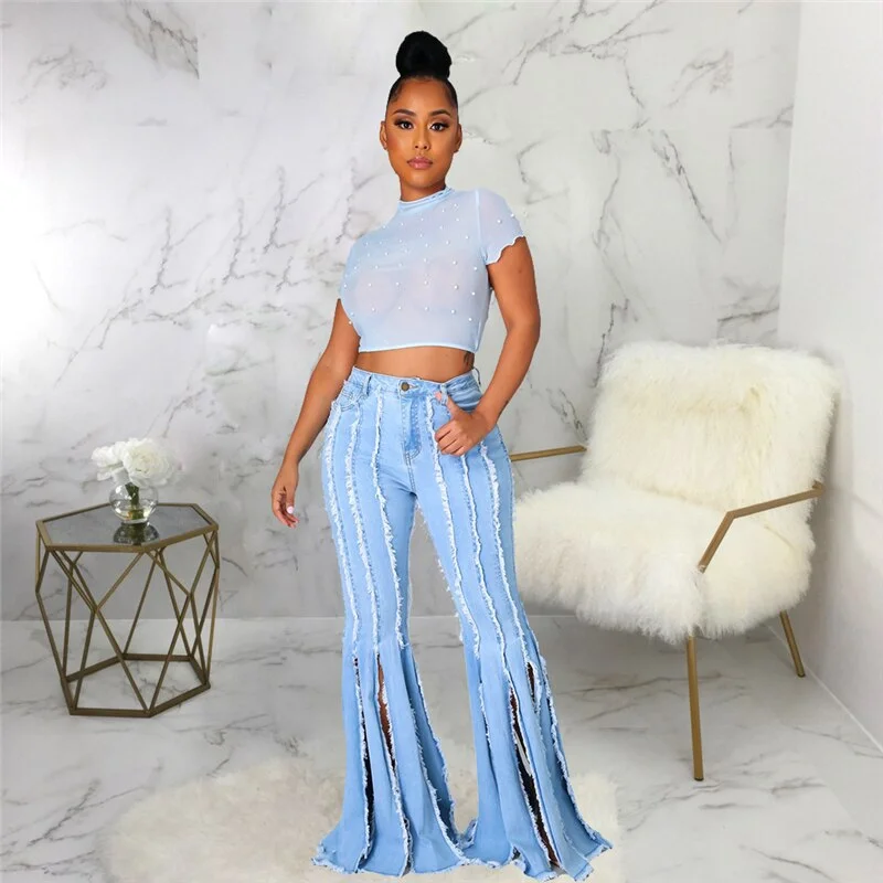 Breezy Outfits Split Tassel Jeans Flared Pants Women Blue Streetwear Denim Trousers Lady Solid Color Denim Jeans Fashion Denim Boot Cut Pants Breezy Outfits Split Tassel Jeans Flared Pants Women Blue Streetwear Denim Trousers Lady Solid Color Denim Jeans Fashion Denim Boot Cut Pants