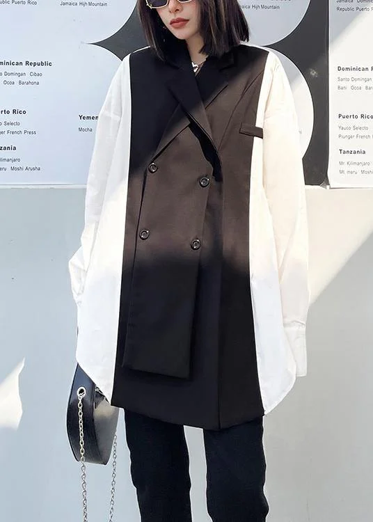 Simple Comfort Classy Black Patchwork White Tops Notched Baggy Spring Blouse