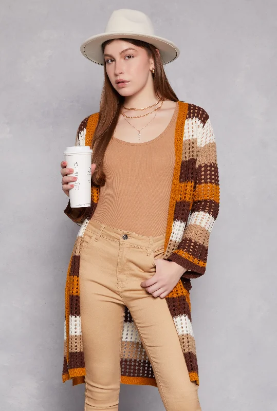 Relaxed Fits Crochet Striped Long Sleeve Cardigan