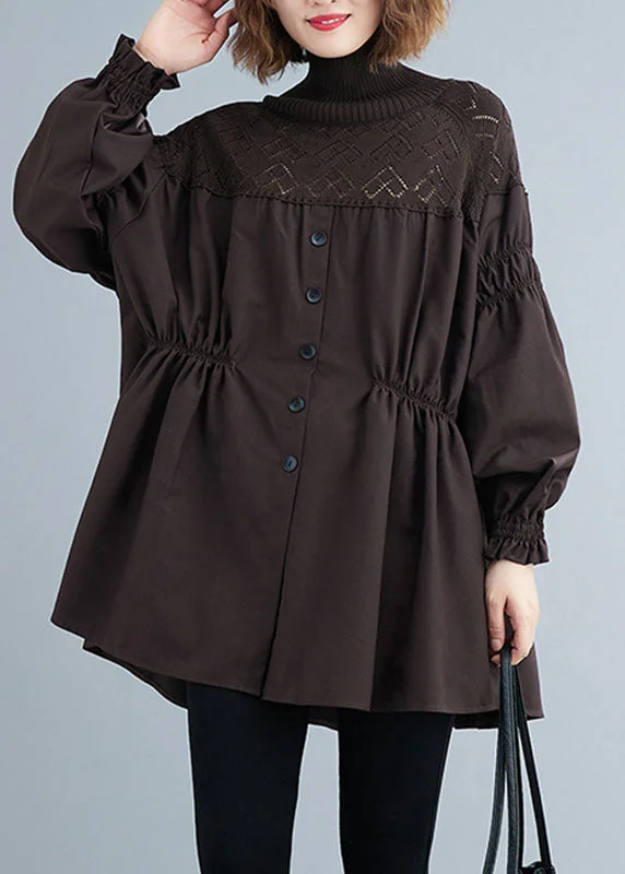 Timeless Outfits Chocolate Button Patchwork lantern sleeve Knit Blouses