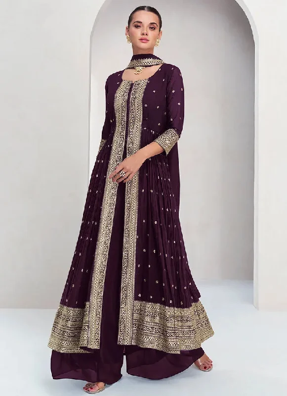 Soft Knitwear Elegant Deep Purple Embroidery Traditional Palazzo Suit