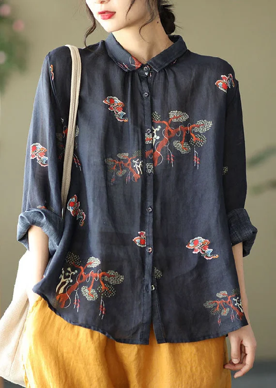 Comfortable Tops Elegant Black Peter Pan Collar Button Print Linen Shirt Tops Long Sleeve