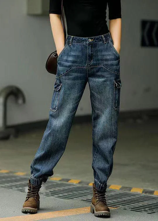 Urban Chic Style Blue Original Design Pockets Patchwork Cotton Denim Beam Pants Spring