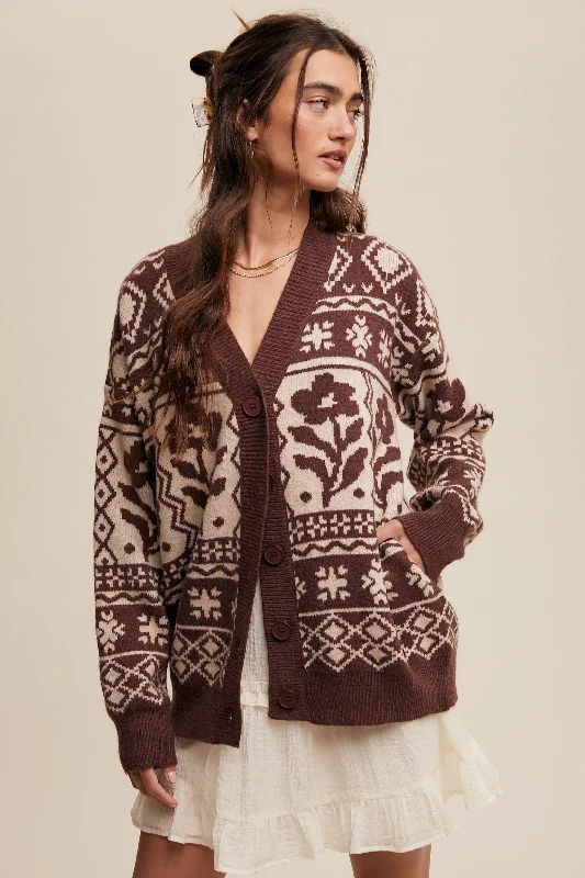 Everyday Outfits Mocha Printed Button Up Cardigan