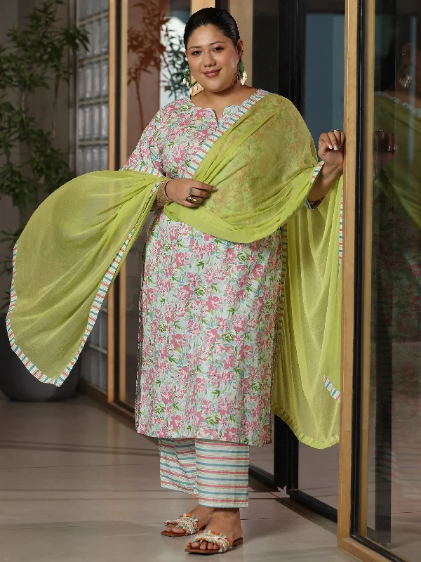 Timeless Outfits Plus Size Off White Printed Cotton Straight Suit With Dupatta