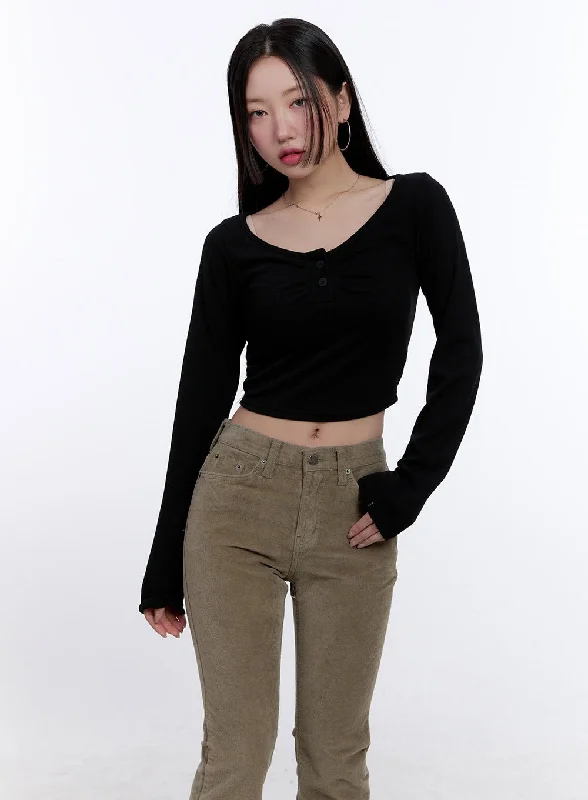 Simple Looks Shirred Long-Sleeve Buttoned Crop Tee CJ513