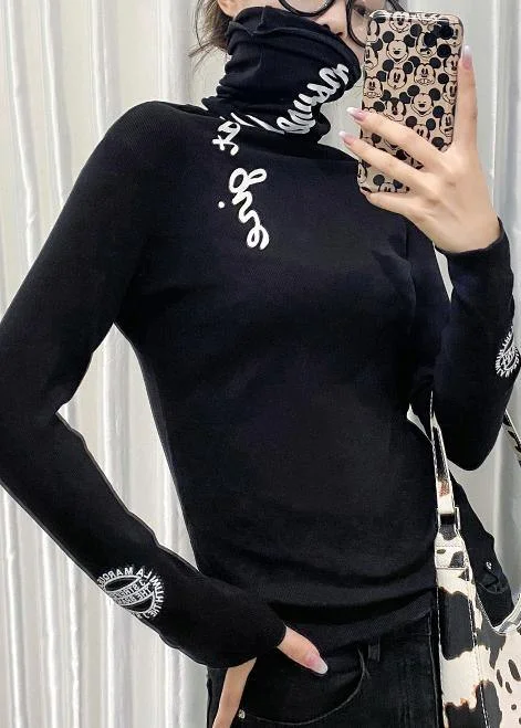 Cozy Fashion Trends Chic high neck tops women black Letter silhouette tops