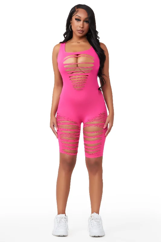 Cozy Lounge Wear Cut My Heart Into Pieces Fuchsia Slashed Romper
