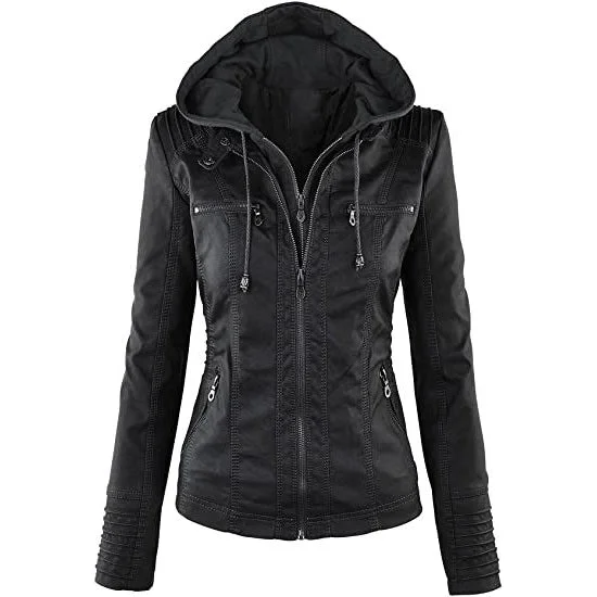 Comfortable Jeans Lock and Love Women's Removable Hooded Faux Leather Jacket