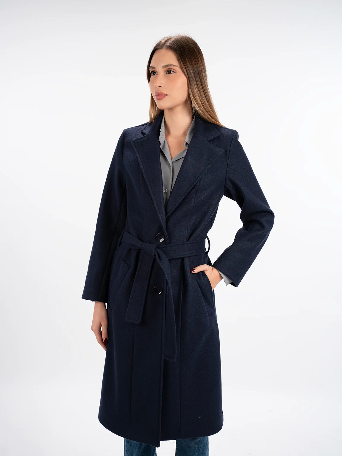 Casual Ease Belted Navy Long Coat With Slanted Pockets