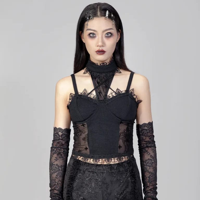 Layered Style Women's Gothic Stand Collar Mesh Splice Tank Top
