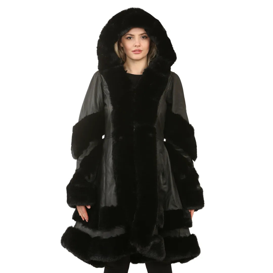 Soft Fabric Looks Women's Black Flared Hooded Leather Cape Coat