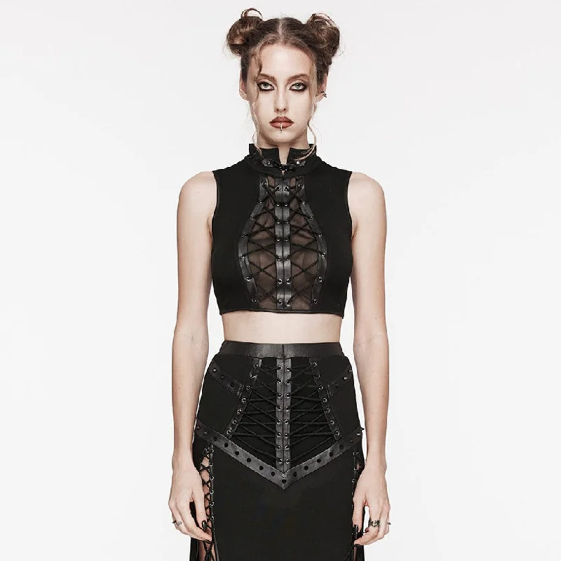 Soft Comfort Wear Women's Punk Stand Collar Mesh Splice Strappy Tank Top Black