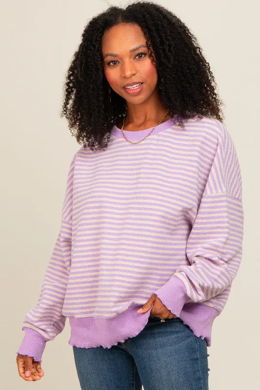 Light Dressing Lavender Striped Ruffle Hem Long Sleeve Top
