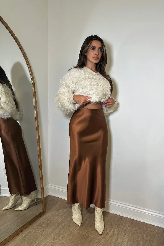 Stylish Ease Oak Satin Midi Skirt