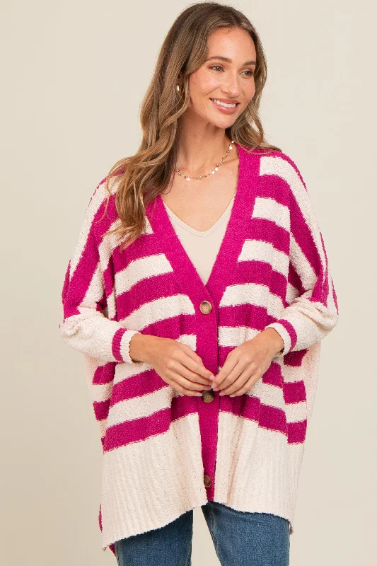 Simple Chic Magenta Textured Knit Striped Oversized Cardigan