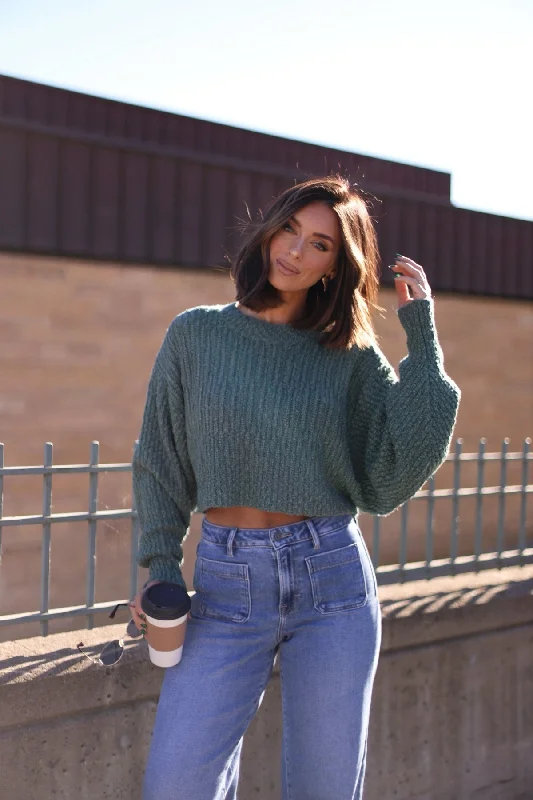 Weekend Comfort Wear Green Popcorn Knit Cropped Sweater - FINAL SALE