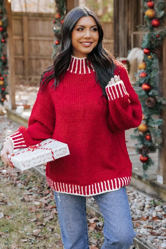 Trendy Layers Red and White Contrast Stitch Sweater-FINAL SALE