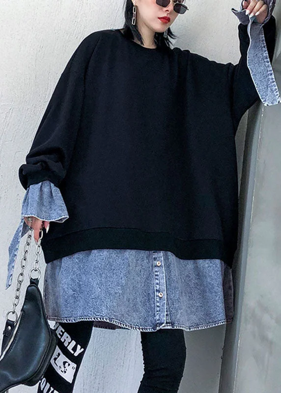 Relaxed Tops Comfy Black O-Neck Patchwork Button Fall Sweatshirts Top