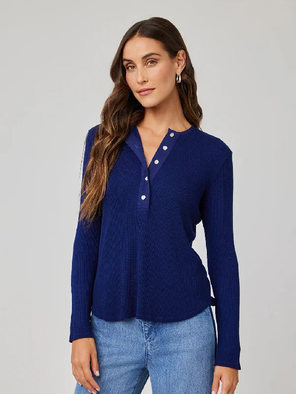 Comfortable Lounge Wear Long Sleeve Wide Placket Henley - Navy Coast