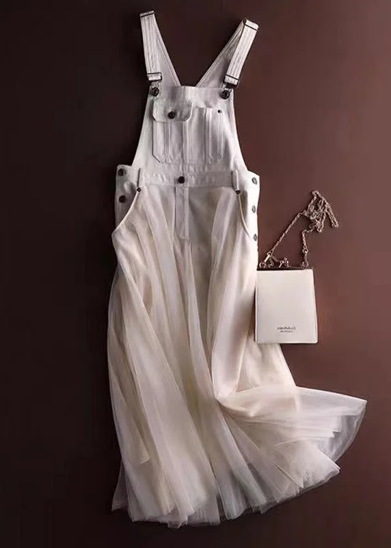Soft Looks Unique White Tulle Patchwork Denim Strap Dress Summer