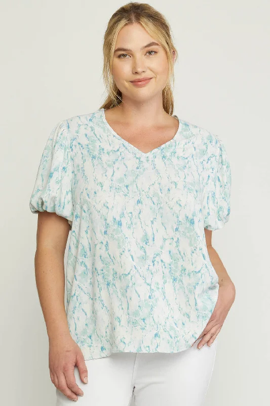 Easy Wear Chic Watercolor Puff Sleeve Blouse, Green