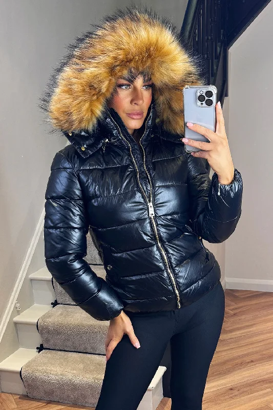 Timeless Style Faux Fur Hood Puffer Jacket Black