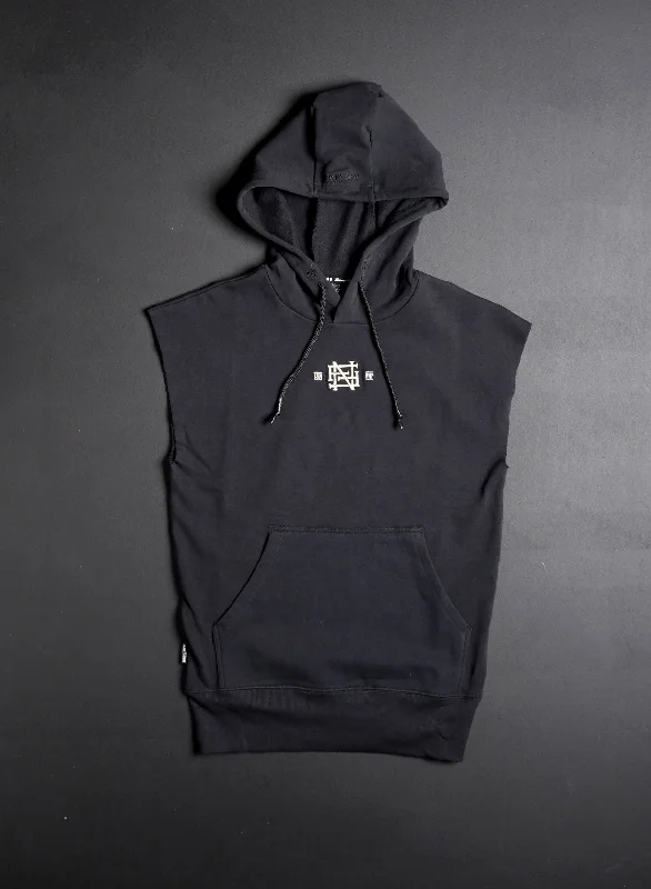 Comfortable Sweaters EMB SLEEVELESS HOODIE - BLACK