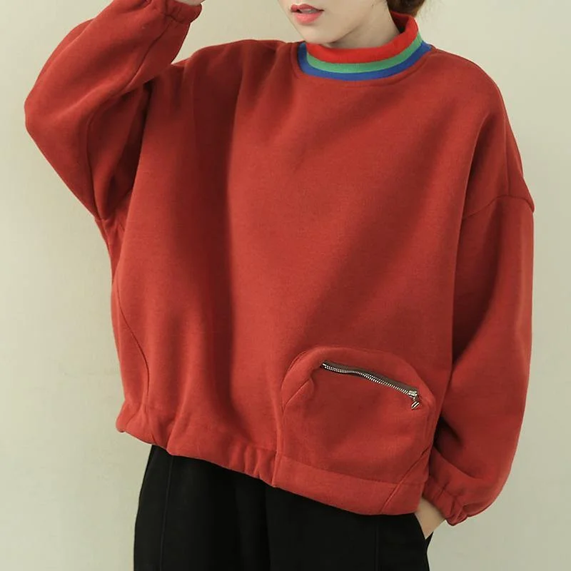 Easy Comfort Style Classy high neck patchwork zippered tops women orange blouse