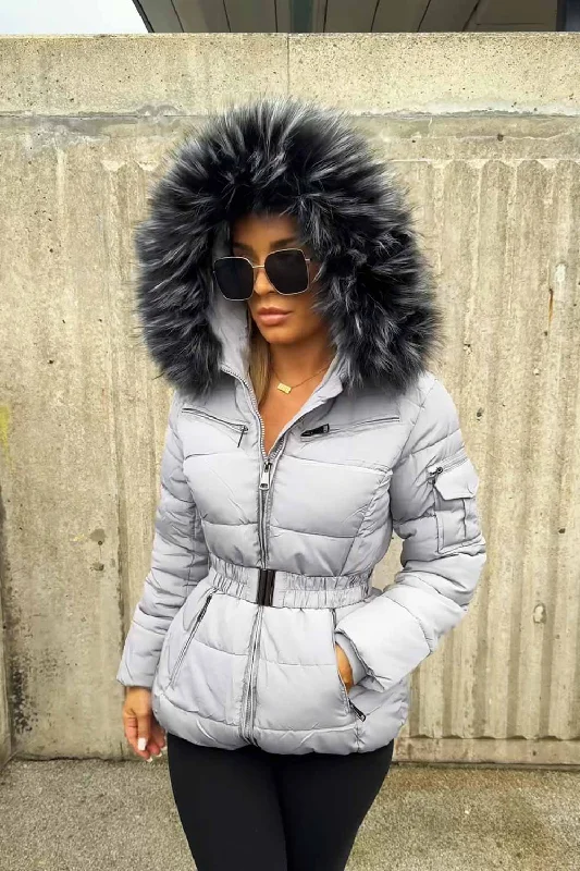 Comfy Layers Grey Faux Fur Hooded Jacket With Belt