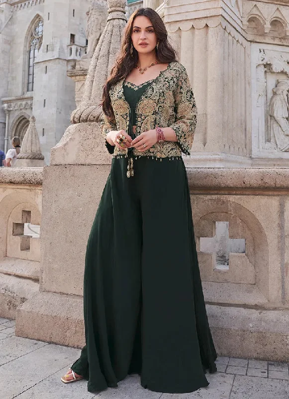 Trendy Looks Dark Green Embroidered Jacket Style Designer Palazzo Suit