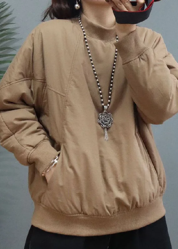 Relaxed Looks Classy Khaki thick Fine Cotton Filled Sweatshirt Street wear Winter