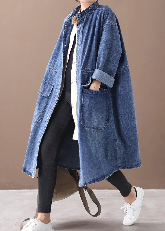 Simple Comfort French denim blue Plus Size box coat Shape stand collar drawstring coat
