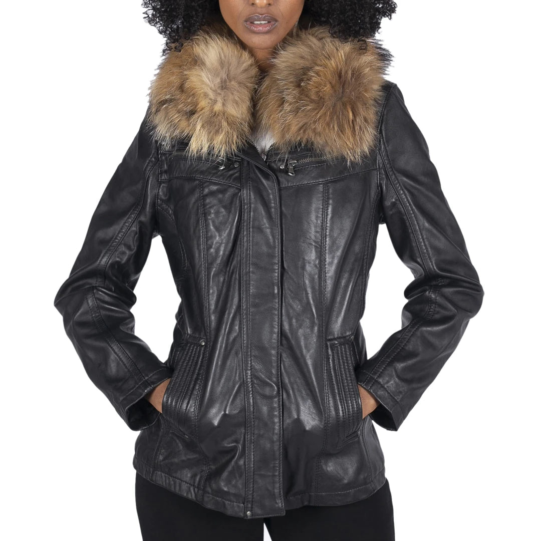 Layered Style Women's Leather Short Parka Jacket Coat Fur Hood Zipped Brown Tan Black