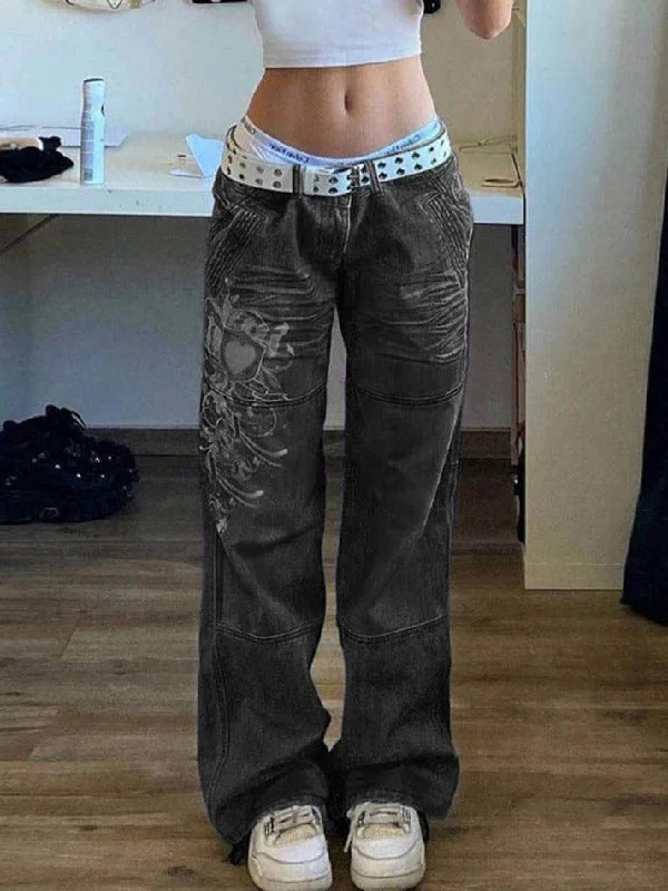 Fashion Comfort Washed Heart Pattern Cargo Jeans
