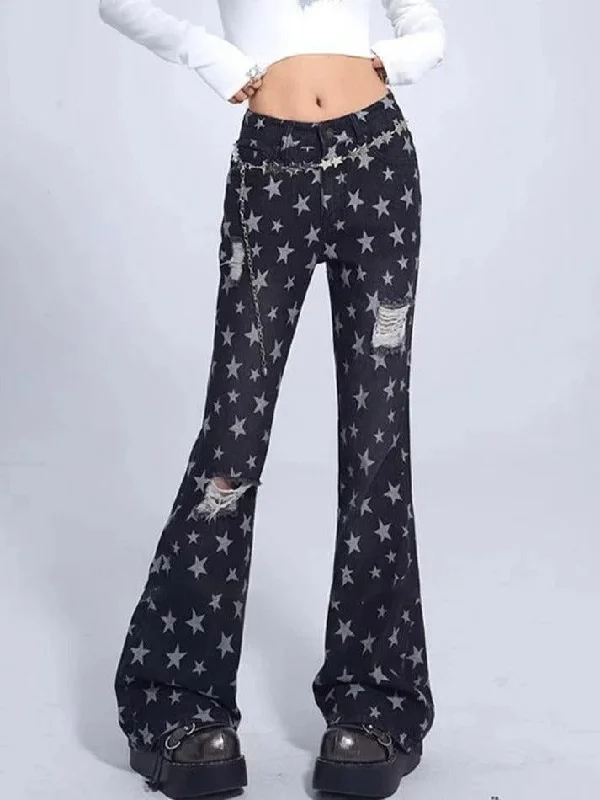 Effortless Outfits Vintage Star Print Ripped Flare Jeans