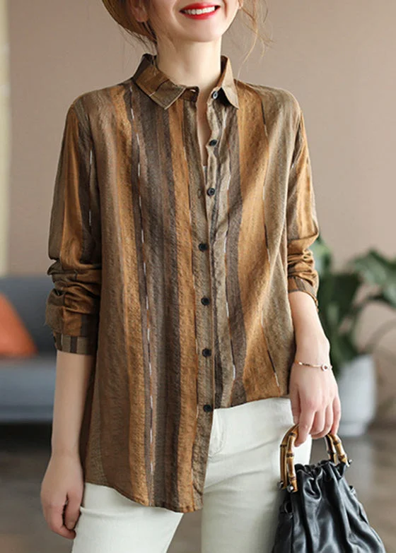 Soft Layers Chocolate Striped Print Shirts Button Long Sleeve