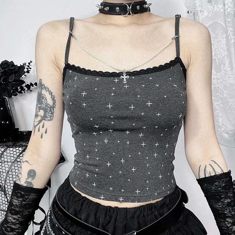 Comfortable Jeans Women's Grunge Cross Printed Tank Top with Cross Chain