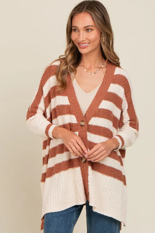 Relaxed Tops Mocha Textured Knit Striped Oversized Cardigan