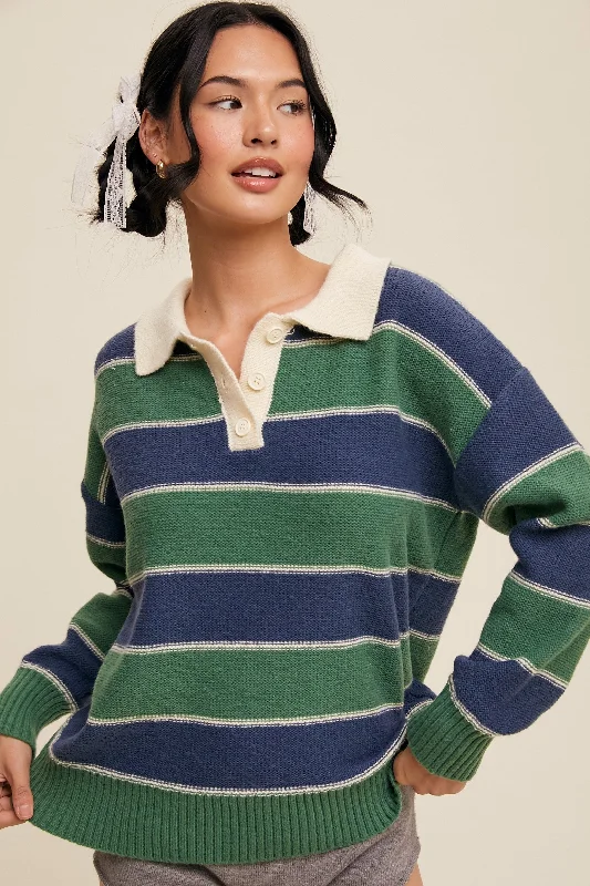 Urban Chic Green Striped Polo Knit Sweater